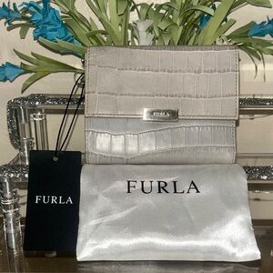 FURLA Light Gray Croc-Embossed Wallet With Dust Bag NWT